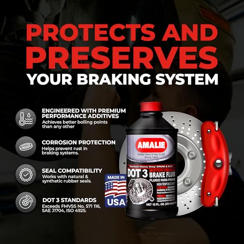 Amalie DOT 3 Brake Fluid (160-65031-EA), Heavy Duty Drum & Disc Brake Fluid for Cars, Trucks & Motorcycles with Corrosion Protection & Long-Term Stability, Made in USA, 12oz - size: 12 Ounce, Single bottle