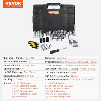 VEVOR 121-Piece Mechanics Tool Set - 1/4" 3/8" 1/2" Drive Sockets - SAE and Metric Mechanic Tool Kit with Bits - Ratchet Handle, Wrenches, Accessories, and Plastic Storage Case for Automotive Repair - size: 121-PCS