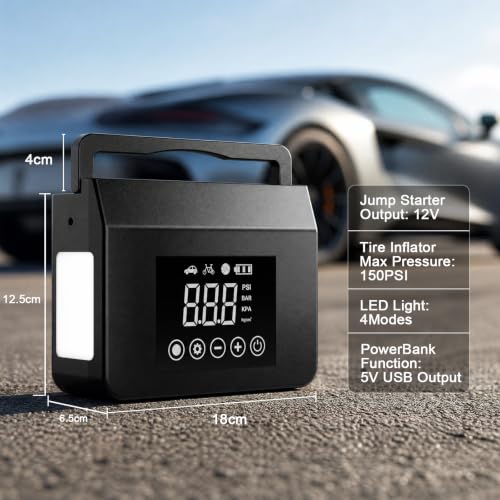 Tire Inflator Portable Air Compressor 150PSI, Jump Starter for All Gas/8.0L Diesel 4000A & 12V DC, Road Trip Essentials for Men and Women