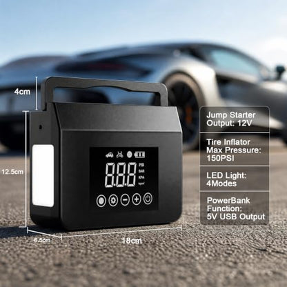 Tire Inflator Portable Air Compressor 150PSI, Jump Starter for All Gas/8.0L Diesel 4000A & 12V DC, Road Trip Essentials for Men and Women