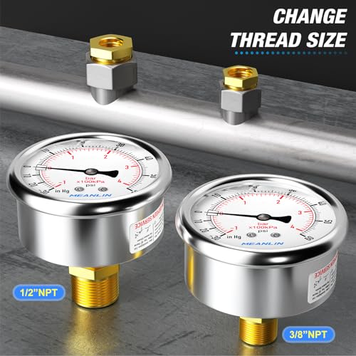 MEANLIN MEASURE -30inHG~60Psi Stainless Steel 1/4" NPT 2.5" FACE DIAL Vacuum Pressure Gauge, Center Back Mount, 1/2" NPT and 3/8" NPT Hex Bushing - size: -30inHG-60Psi
