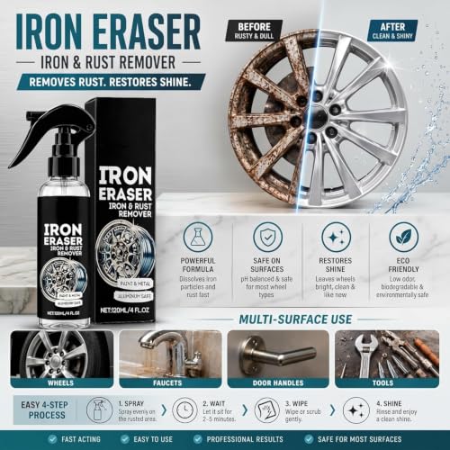 Iron Eraser Rust Remover Spray, Iron Powder Remover Spray for Car Wheels and Paint Fast Acting Rust and Brake Dust Remover, Professional Automotive Surface Cleaning (1PCS)