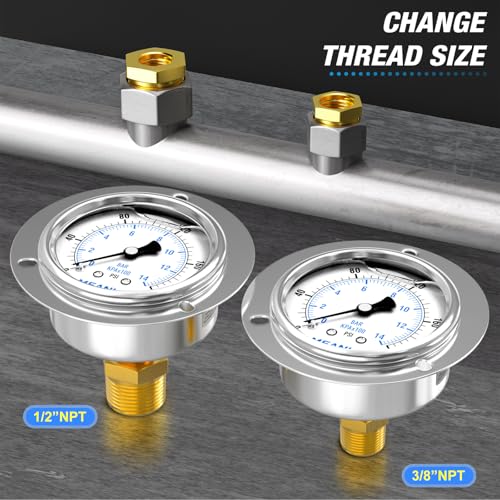 MEANLIN MEASURE 0~200Psi Liquid Filled Pressure Gauge Front Flange Panel Mount, 1/4" NPT 2.5" FACE DIAL Stainless Steel Case with Phillips Screw, Nut and Brass Hex Bushing, +/-3-2-3% - style: 0~200Psi