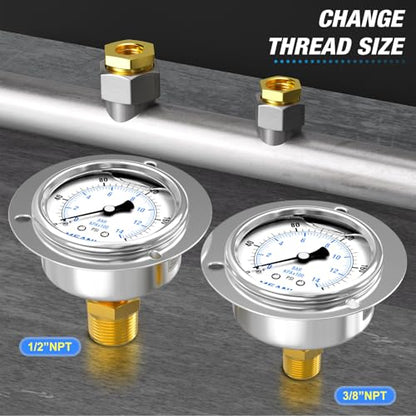 MEANLIN MEASURE 0~200Psi Liquid Filled Pressure Gauge Front Flange Panel Mount, 1/4" NPT 2.5" FACE DIAL Stainless Steel Case with Phillips Screw, Nut and Brass Hex Bushing, +/-3-2-3% - style: 0~200Psi