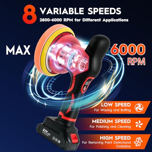 Cordless Car Buffer Polisher, 6 Inch Orbital Polisher Kit with 2x21V Batteries & 21 PCS Attachments - 8 Speeds Variable Max 6000RPM Car Buffer for Car Detailing, Waxing, Polishing, Scratch Removing - color: Red