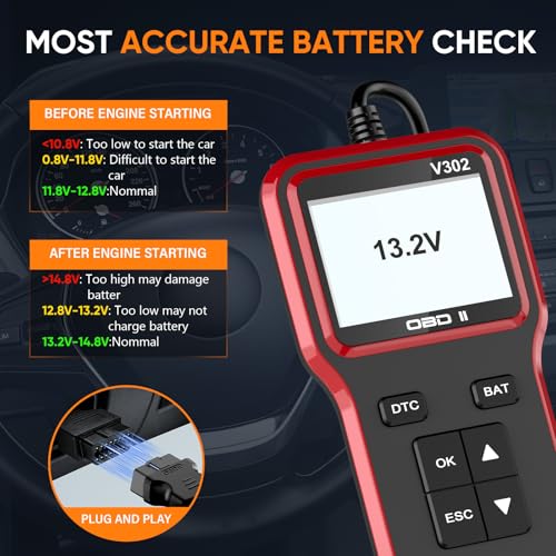 OBD2 Scanner and Battery Tester, Vehicle Code Reader for Check Engine Light - color: Red