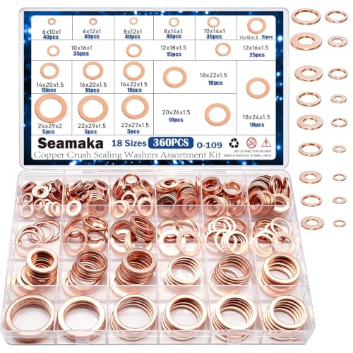 360PCS Crush Washer Oil Drain Plug,18 Sizes Copper Crush Washers Assortment Kit,Automotive Oil Pan Drain Plug Gasket M6 M8 M10 M12 M14 M16 M18 M20 M22 M24 - size: 360