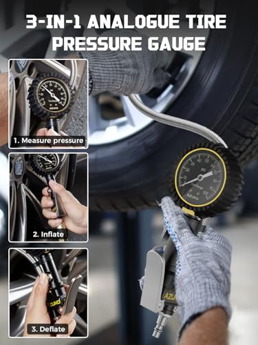 Analog Tire Inflator Gauge with Steel Braided Hose, 100 PSI Mechanical Tire Pressure Gauge – 3-in-1 Inflate/Deflate/Measure, 2.6" Glow Dial, Air Chuck for Car, Truck, SUV, RV, Bike (with Case) - size: 100 PSI -Precision