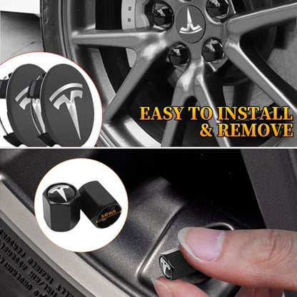 4 Pack Wheel Center Cover for Tesla Model 3 & Model Y,56mm Hubcaps Wheel Rim Cover Tesla Center Caps Hubcaps+4 Car Valve Stem Caps (Matte Grey+Silver Emblem) - color: Matte Grey+Silver Emblem