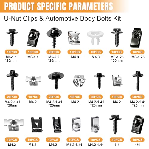 mankk 260PCS U‑Nut Clips and Fender Body Bolt Assortment Kit, 21 Sizes Mixed‑Spec Auto Fasteners, Black Phosphate Steel Retainer Clips for Car Truck Motorcycle Bumper Fender Mud Flap Repair - color: Black&Silver-21 Sizes Kit
