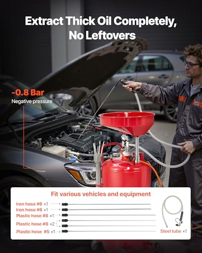 VEVOR 21 Gallon Waste Oil Drain Tank, Air Operated Portable Oil Drainer with Adjustable Funnel Height, Industrial Fluid Drain Tank with Wheels, Fluid Fuel Transfer Drainage for Auto Repair Shops, Red - size: 20.1 x 20.1 x 66.1 in
