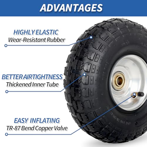 4.10/3.50-4 Pneumatic Tire, 10" Tire and Wheel, 2 Pack, with 2.2" Offset Hub, 5/8" Axle Bore Hole, Sealed Bearings, for Hand Truck Trolley Dolly Cart - size: 2 Pack