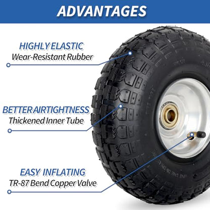4.10/3.50-4 Pneumatic Tire, 10" Tire and Wheel, 2 Pack, with 2.2" Offset Hub, 5/8" Axle Bore Hole, Sealed Bearings, for Hand Truck Trolley Dolly Cart - size: 2 Pack