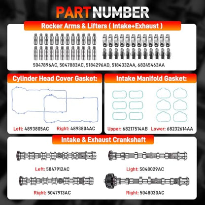 Intake & Exhaust Camshaft Kit with Rocker Arms Lifters and Gaskets Compatible with 2016-2024 Dodge Chrysler Jeep Ram 3.6L Pentastar V6 Engine Replace# 5047912AC 5047913AC 5048029AC 5048030AC 5047896AC - color: Cam Lifter Kit, size: 2016-2024