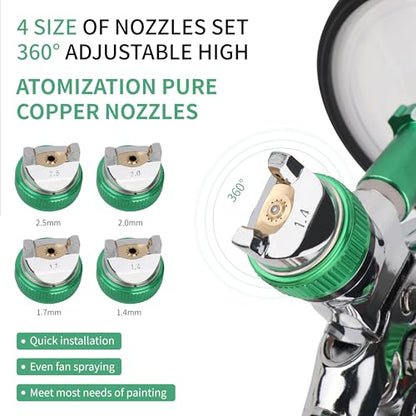 HVLP Spray Gun Kit, 4 Nozzles,10 Disposable Paint Cup System,Green - color: green