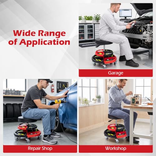 Goplus Rolling Mechanic Stool with Cushioned Seat - color: Red, size: 2-Tier Tool Tray