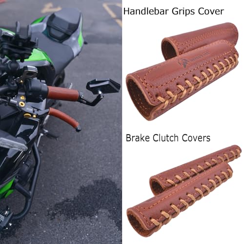 Leather Motorcycle Brake Clutch Covers, Handlebar Hand Grip Covers Throttle Grip Covers - color: Brown: Handlebar + Lever Cover