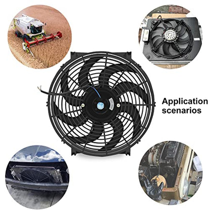 14" inch Slim Fan Push Pull Electric Radiator Cooling Fans 12V Mount Kit Unversal Black - color: Black, size: 14 Inch