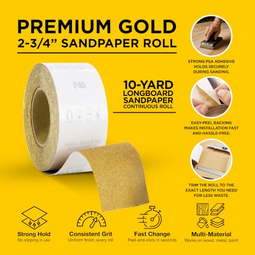 Dura-Gold Gold PSA Longboard Sandpaper, 40 Grit, 20 Yard Roll, 2-3/4" Wide - size: 40-Grit
