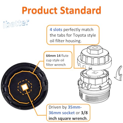 Heavy Duty Oil Filter Wrench for Toyota,Lexus,RAV4,Camry,Tundra,Highlander,Sienna,Cruiser,Venza-Filter Cap Removal Socket Tool for 2.5-5.7L Engines with 64mm Cartridge Style Oil Filter Housings - style: 4 slots