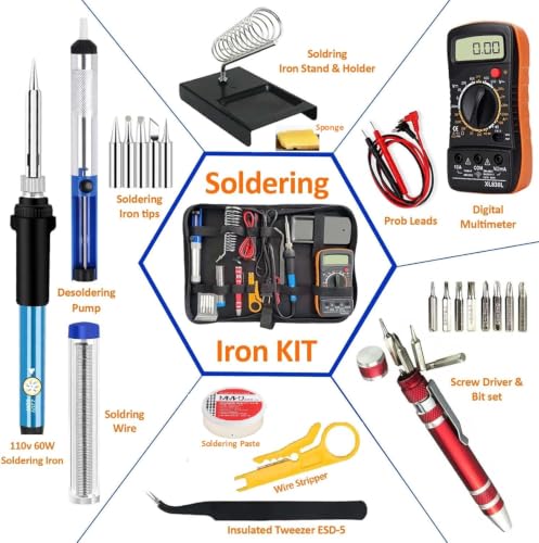Soldering Iron Kit with Digital Multimeter,60W 110V Adjustable Temperature,5 Tips, Desoldering Pump, Wire Stripper,Carry Case-Electric Soldering Set for Electronics Repair,PCB,Arduino,DIY