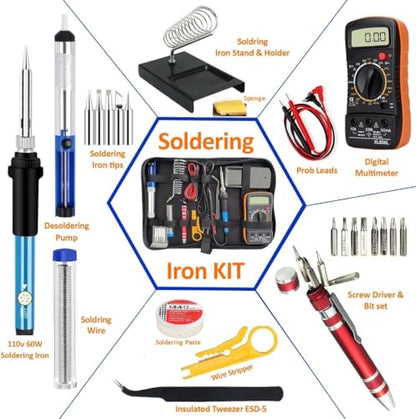 Soldering Iron Kit with Digital Multimeter,60W 110V Adjustable Temperature,5 Tips, Desoldering Pump, Wire Stripper,Carry Case-Electric Soldering Set for Electronics Repair,PCB,Arduino,DIY