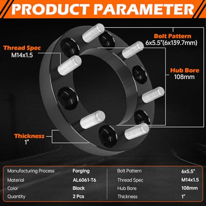 GAHA 6x139.7mm Wheel Spacers 1 inch 108mm Hub Bore, with M14x1.5 - color: 6x139.7-1in-2PCS