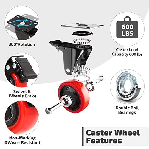 Nefish 2 Inch Casters Set of 4, Heavy Duty Top Plate Caster Wheels with Brake 600 Lbs, Dual Locking Furniture Castors, 360 Degree Swivel Casters, No Noise Polyurethane Wheels for Cabinet, Furniture - size: 2 IN