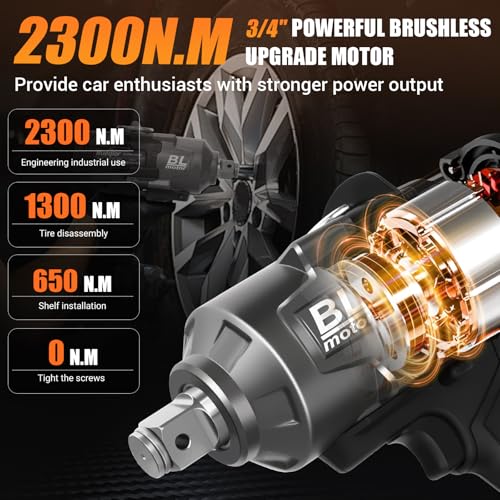 Cordless Impact Wrench 3/4" Compatible with DeWalt 20V Battery, Electric Impact Wrench 1700FT-LBS(2300N.m) High Torque Brushless Impact Wrench, with 3 Speed Modes Power Impact Driver - color: Black 2000n 3/4in