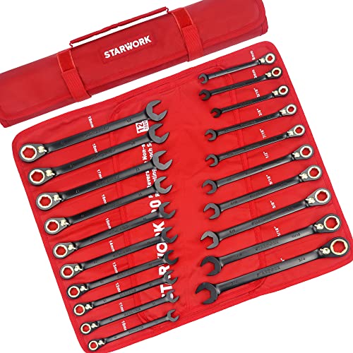 STARWORK TRUE MECHANIC™ 20 Pc. 120-Tooth Reversible Ratcheting Wrench Set, Combination Ratchet Wrench Set, Non-Slip, Long Pattern, 6-Point 15° Offset, Professional, SAE/Metric(5/16-3/4" & 8-19 mm)