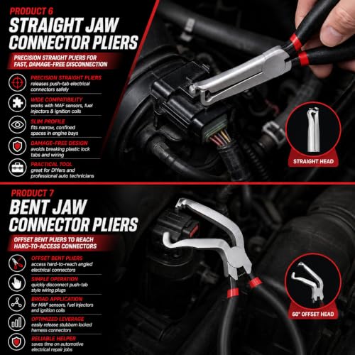 Electrical Disconnect Pliers Kit, 8Pcs Auto Kit: Connector/Hose/Plug Pliers, Pin Remover, Separator, Spring Clamp, U-Clip Pry Bar & Hose Removers for Car & Home Repairs. Great Gift & DIYers w/Case