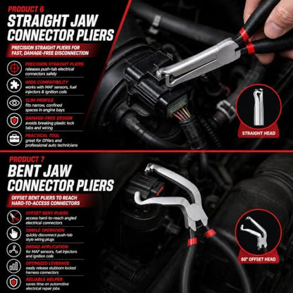 Electrical Disconnect Pliers Kit, 8Pcs Auto Kit: Connector/Hose/Plug Pliers, Pin Remover, Separator, Spring Clamp, U-Clip Pry Bar & Hose Removers for Car & Home Repairs. Great Gift & DIYers w/Case