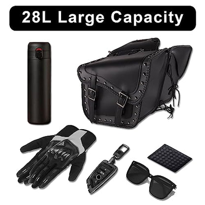 GARGOYLE BELLS Motorcycle Saddle Bags Studded PVC Motorcycle Luggage Bag with Gun Holsters For Softails Sportsters and Choppers Waterproof Tool Bags - size: 14" x 12" x 10.5", style: Style 1-with Studs and Braids