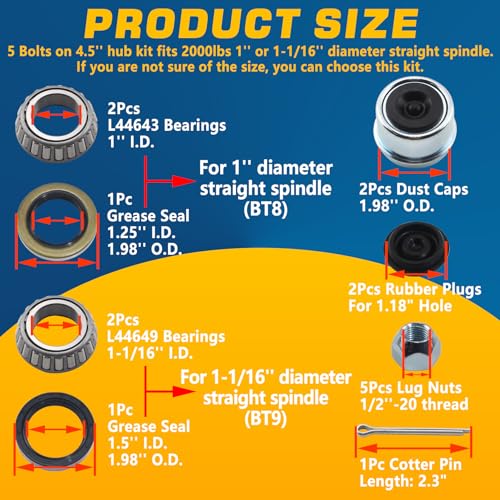 5 x 4.5'' Trailer Hub Kit for 2000lb 1'' or 1-1/16'' Straight Axle - color: 1 Set