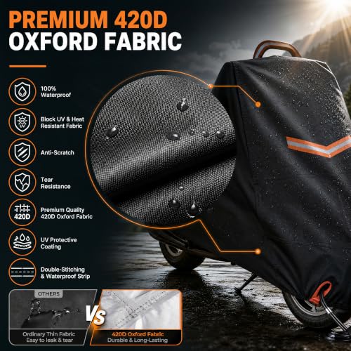 Motorcycle Cover 420D Heavy Duty Waterproof Outdoor, Upgraded Oxford Fabric