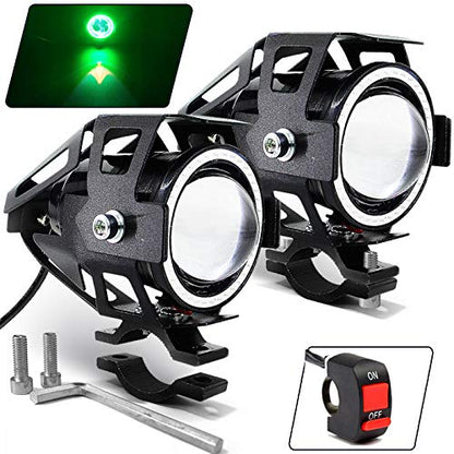 Motorcycle LED Fog Lights U7 Spotlight Daytime Running Lights with Green Angel Eyes Halo Ring and Switch 2-Sets - color: green