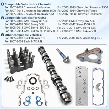 NON AFM/DOD 5.3 Camshaft Lifter Kit Fit for 2007-2013 Chevy Avalanche Silverado 1500 Tahoe Trailblazer, GMC Sierra Yukon Envoy, Buick SAAB Isuzu, w/Thrust plate & Valley Cover Gasket #12598832
