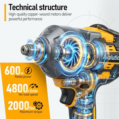 Avalution Cordless Impact Wrench 1/2 Inch, Brushless High Torque Impact Gun