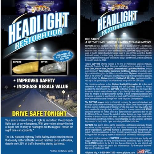 Gliptone Headlight Restoration Kit, Restores 4 Headlights, Guaranteed, Easy 2 Step Process, 7 Piece Kit, No Sanding or Tools Required