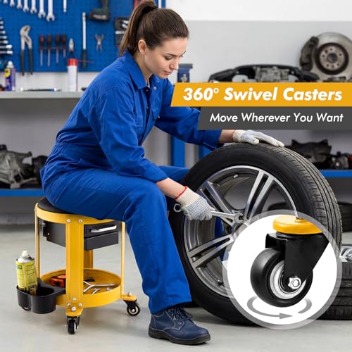 Goplus Rolling Mechanic Stool, Shop Stool Creeper Seat with Removable Padded Seat, 2 Drawers, Tool Tray, Twin Can Holder, Universal Wheels, Round Garage Workshop Chair, 330 Lbs Max Capacity (Yellow) - color: Yellow
