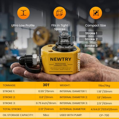 NEWTRY 30T Low Profile Hydraulic Ram Jack, 2.13" Stroke Multi-Section - size: 30T