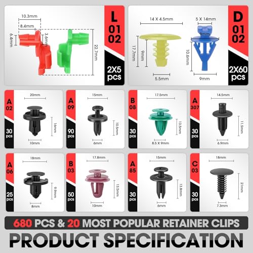 DNA Motoring 680pcs Car Push Retainer Clips, Plastic Bumper Clip Fender Clip, Door Trim Panel Clips, Bumper Fender Rivets Fasteners Push Retainer Kit for Ford, GM, Chrysler, Toyota, TOOLS-00731 - style: 680pcs