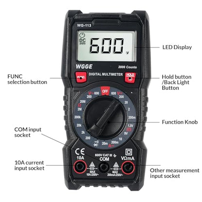 Digital Multimeter, 2000 Counts, CAT III 600V, AC/DC Voltage and DC Current