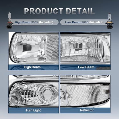 KUIPERAUTO Headlight Assembly Front Lamp Compatible with 1999-2002 Chevrolet Silverado 1500 2500 2000-2006 Suburban 1500 2500 Tahoe Chrome Housing/Clear lens/Clear Corner w/Bulb - color: Chrome/Clear/Clear