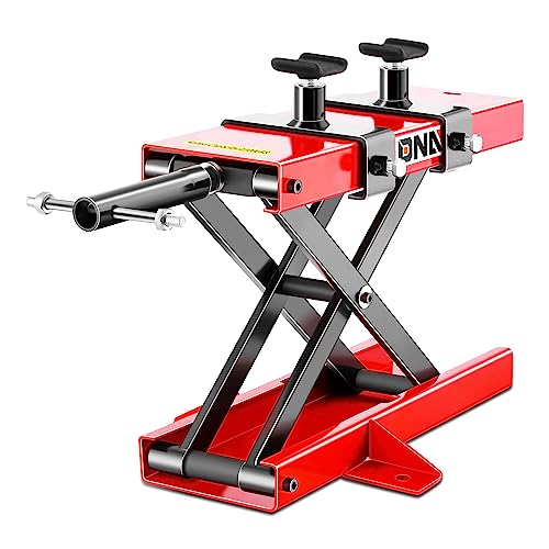 DNA Motoring Motorcycle Lift, 1100 LBS Scissor Jack with Saddle & Safety Pins, 3.7"-14.8" Center Hoist Crank Stand, TOOLS-00289 - style: 1100lbs