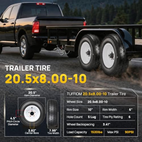 TUFFIOM 2 Pack 20.5x8.00-10 Trailer Tire and Wheel Assembly, 5 Lug on 4.5 Load Range E Inch PCD with 10" White Rims, 20.5x8.00-10 Trailer Tire with Rim - color: White, size: 20.5x8.00-10