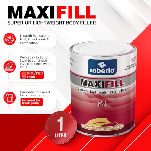 Roberlo Maxifill Superior Lightweight Body Filler - Easy Sanding, Lightweight & Paintable for Car Repairs - Adheres to Fiberglass, Metal, Plastic & More - Ideal for Dents & Scratches -1 Liter+Hardener - size: 1 Liter