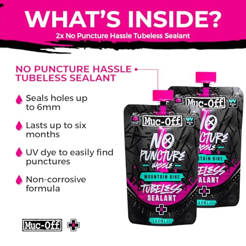 Muc-Off Tubeless Sealant 140ml Pouch (Pack of 2) | Super Lightweight Bike Tire Sealant | Seals Holes Up to 6mm | UV Dye + CO2 Compatible | for Downhill/Road/Gravel/MTB - size: 140ml (Pack of 2)
