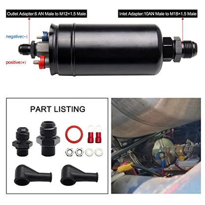 300LPH Inline Fuel Pump High Pressure 12V Electric Fuel Injection 10AN Inlet 8AN Outlet Universal High Flow External Fuel Pump Replace 580254044 HTRACING
