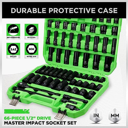 SWANLAKE 1/2" Drive Impact Socket Set, 66-Piece Standard SAE (3/8"-1-1/4") and Metric (8-24mm) Size, 6 Point, Cr-V, 1/2-Inch Drive Ratchet Handle, Extension Bar, Impact Universal Joint - style: 1/2'' 66PCS